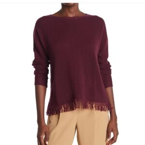 Griffen 100% Cashmere Crewneck Sweater Fringe Hem Burgundy Maroon Lightweight